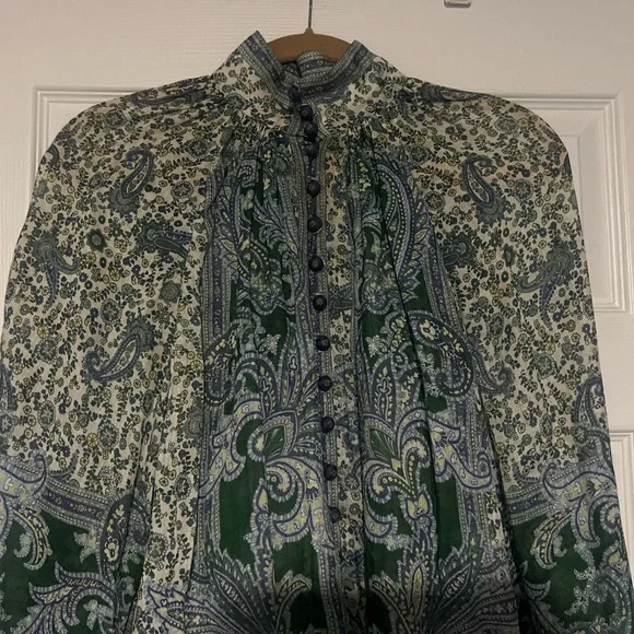 ZIMMERMANN OTTIE LINEN BILLOW BLOUSE GREEN PAISLEY - Picture 6 of 14